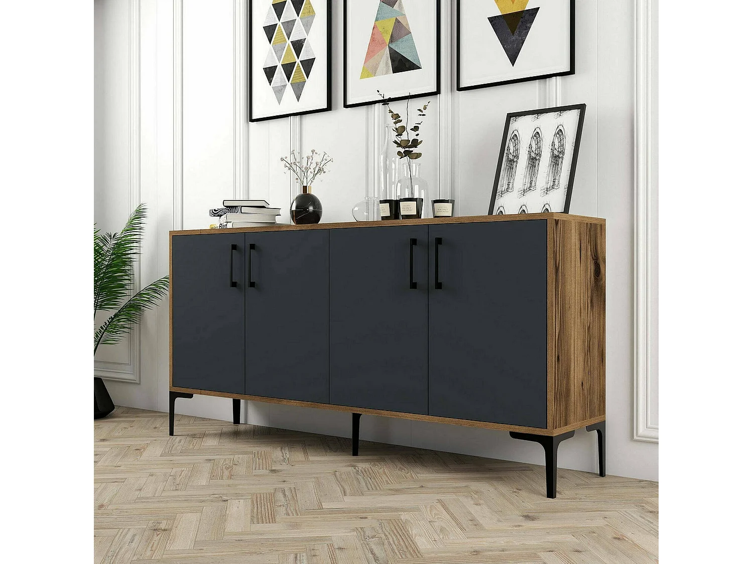 Buffet Sestante, Buffet du salon, Commode de salon, Garde-manger de cuisine, 160x35h78 cm, Noyer et Anthracite