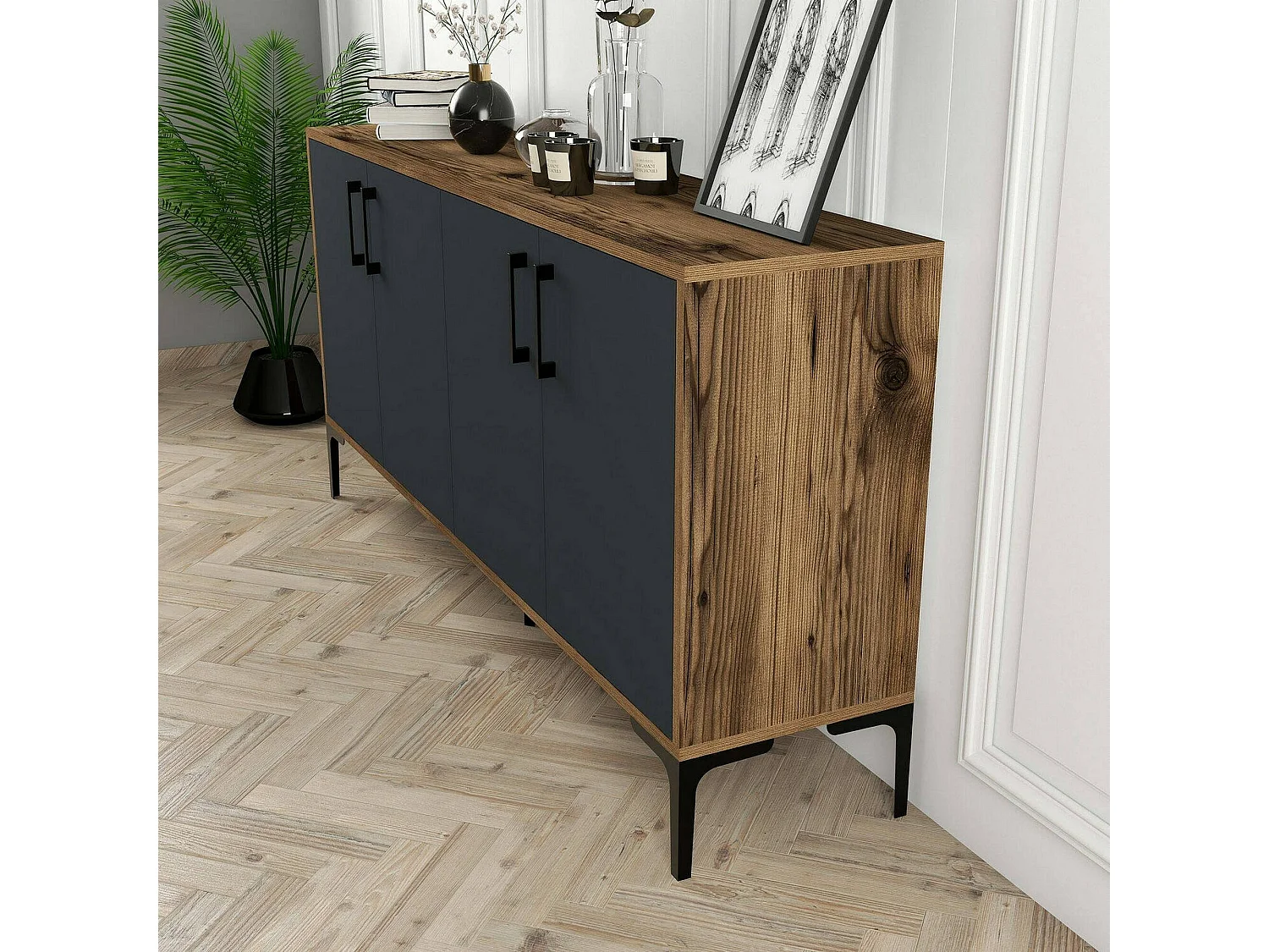 Aparador Daltobell, Buffet de sala de estar, Madia da salotTo, Despensa de cozinha, 160x35h78 cm, Noz e Antracite