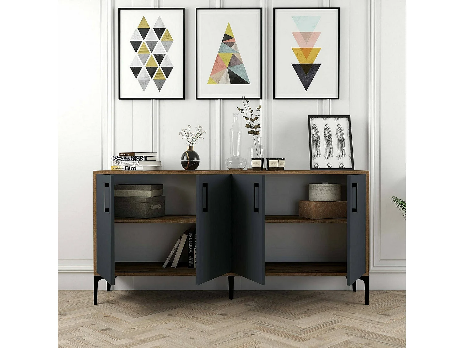 Aparador Daltobell, Buffet de sala de estar, Madia da salotTo, Despensa de cozinha, 160x35h78 cm, Noz e Antracite