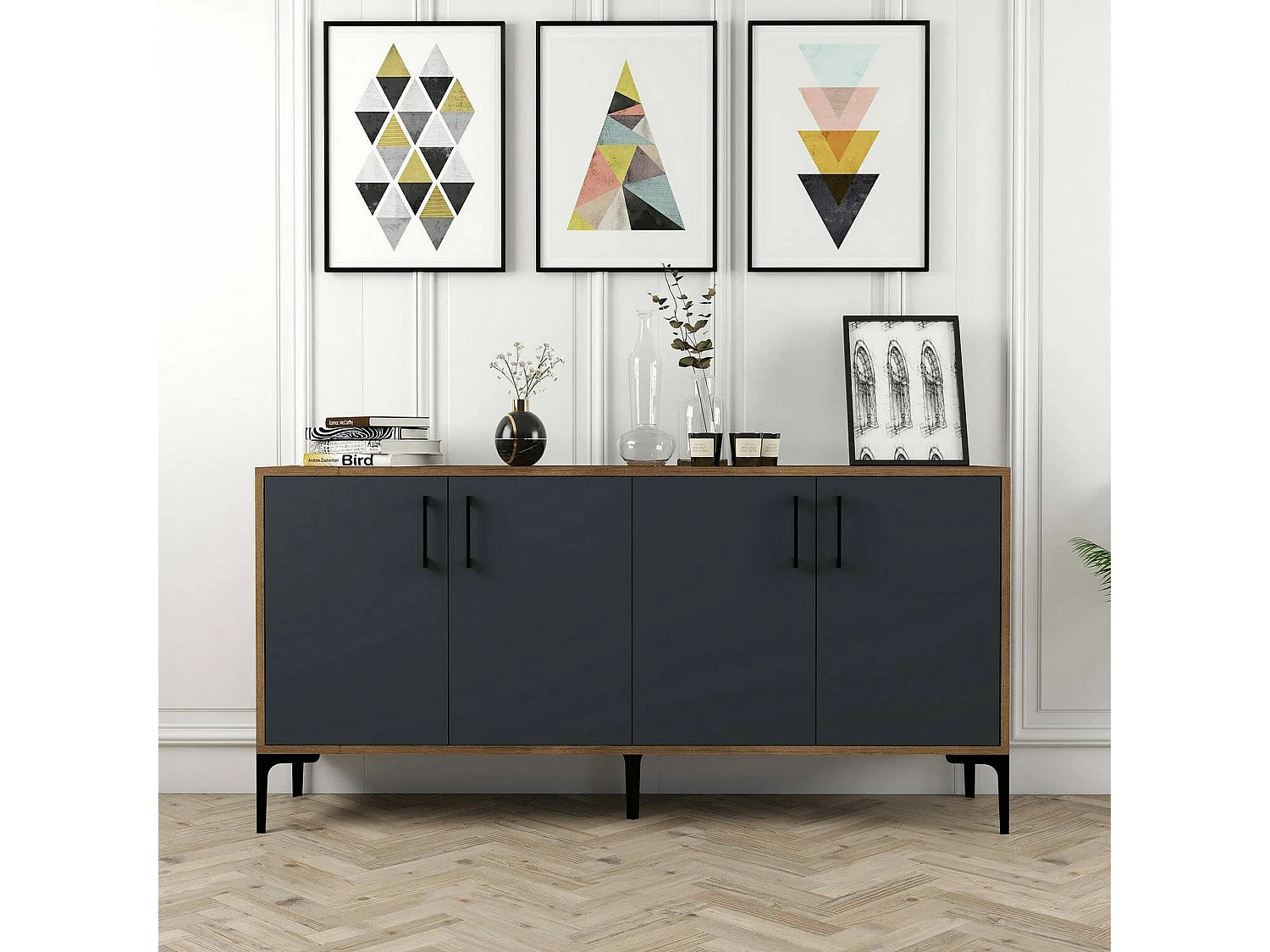 Aparador Daltobell, Buffet de sala de estar, Madia da salotTo, Despensa de cozinha, 160x35h78 cm, Noz e Antracite