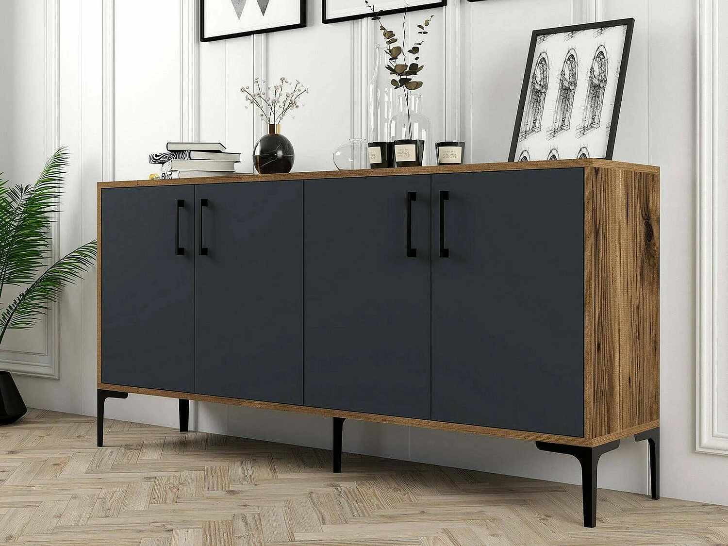 Aparador Daltobell, Buffet de sala de estar, Madia da salotTo, Despensa de cozinha, 160x35h78 cm, Noz e Antracite