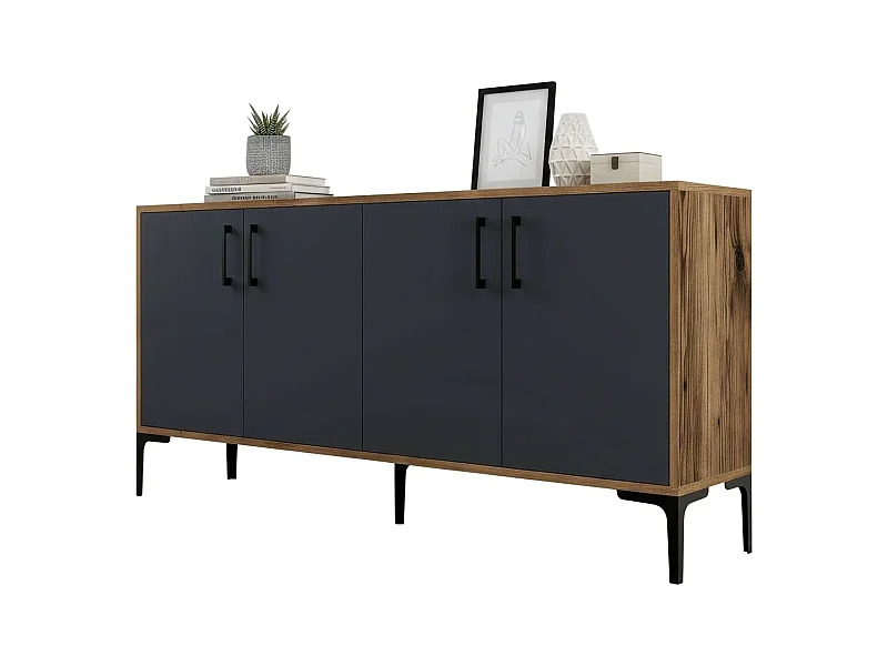 Buffet Sestante, Buffet du salon, Commode de salon, Garde-manger de cuisine, 160x35h78 cm, Noyer et Anthracite