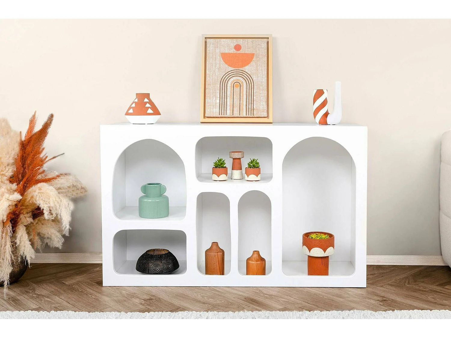 Buffet Bellatrix, Buffet du salon, Commode de salon, Garde-manger de cuisine, 120x37h74 cm, Blanc