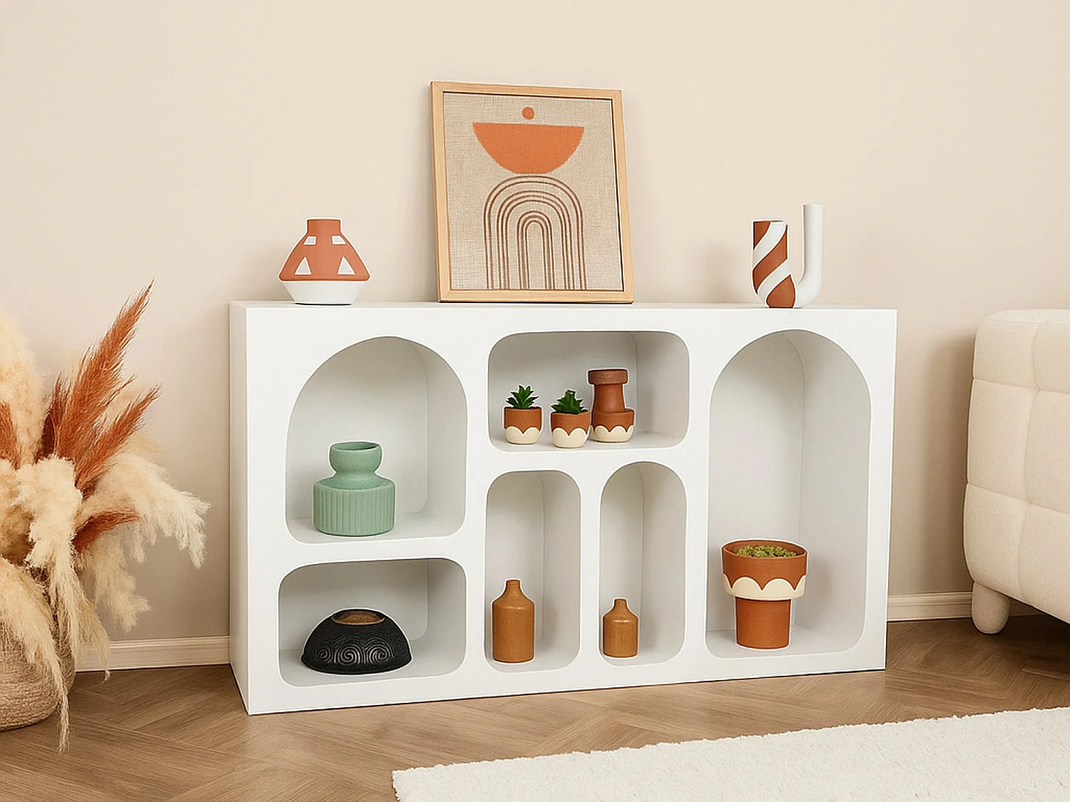 Buffet Bellatrix, Buffet du salon, Commode de salon, Garde-manger de cuisine, 120x37h74 cm, Blanc