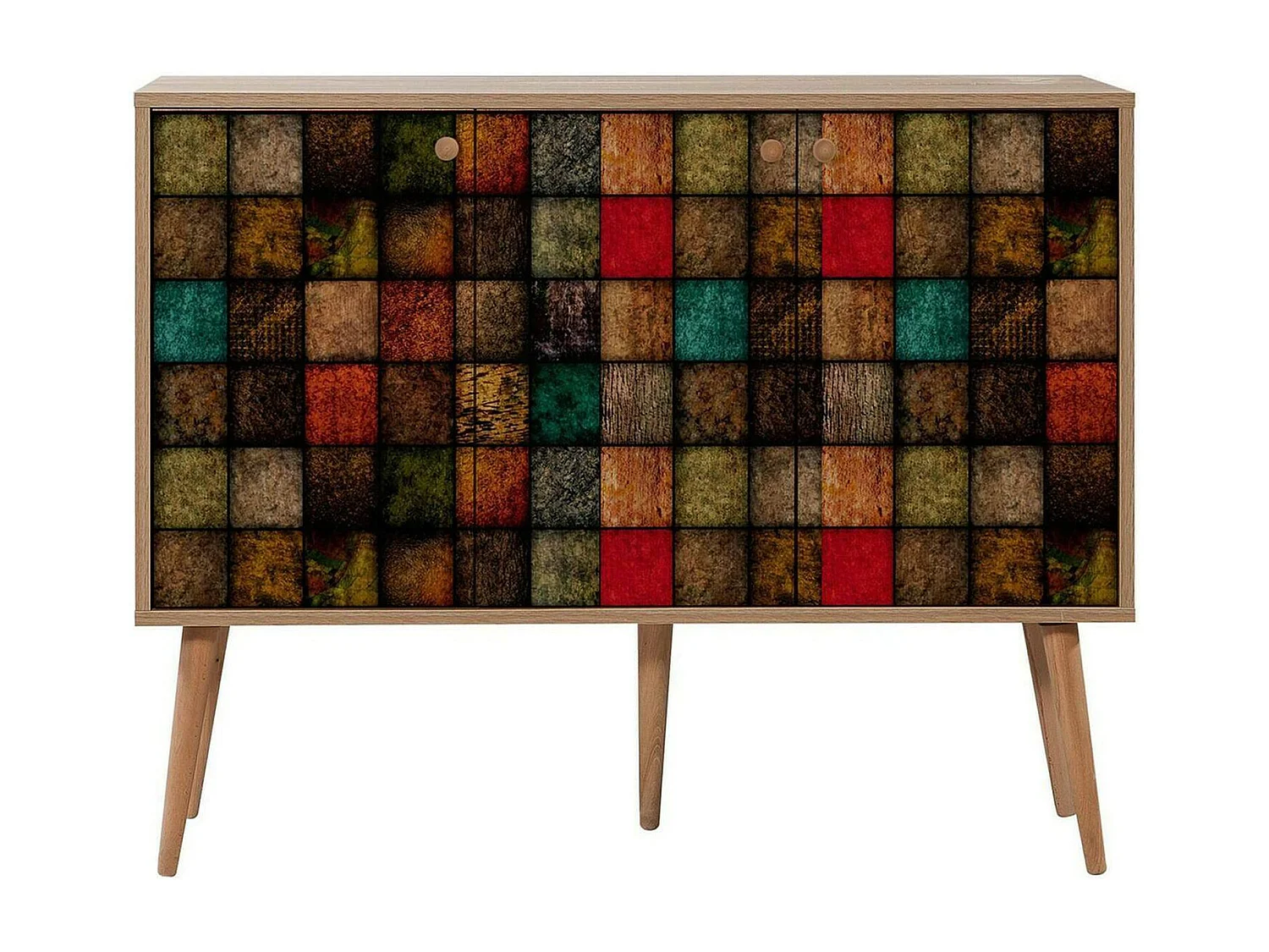 Buffet Nunki, Buffet du salon, Commode de salon, Garde-manger de cuisine, 120x36h90 cm, Chêne et Multicolore