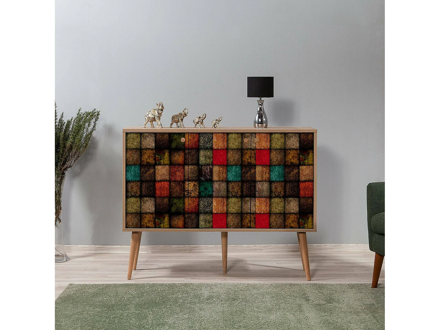 Buffet Nunki, Buffet du salon, Commode de salon, Garde-manger de cuisine, 120x36h90 cm, Chêne et Multicolore