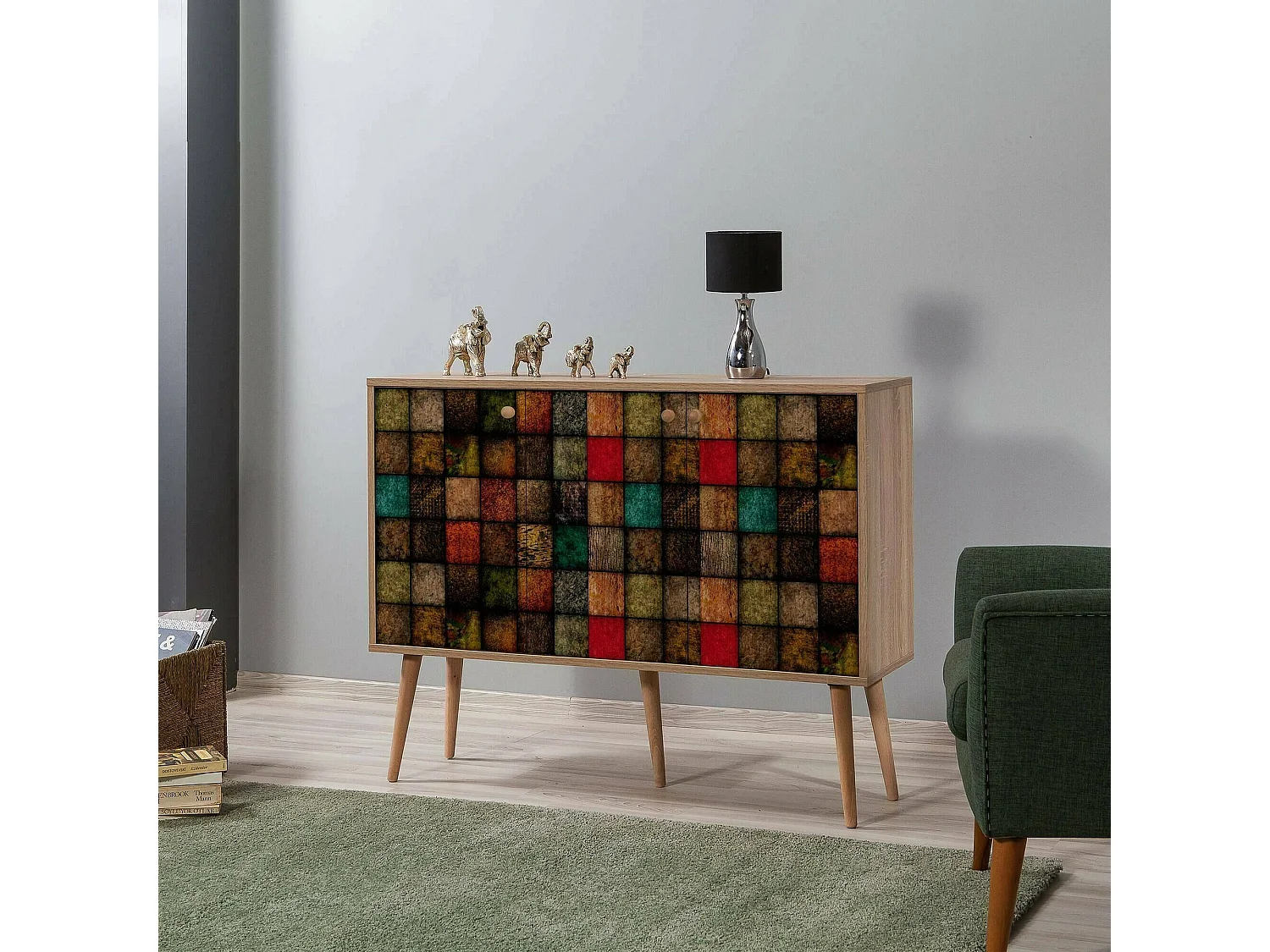 Buffet Nunki, Buffet du salon, Commode de salon, Garde-manger de cuisine, 120x36h90 cm, Chêne et Multicolore