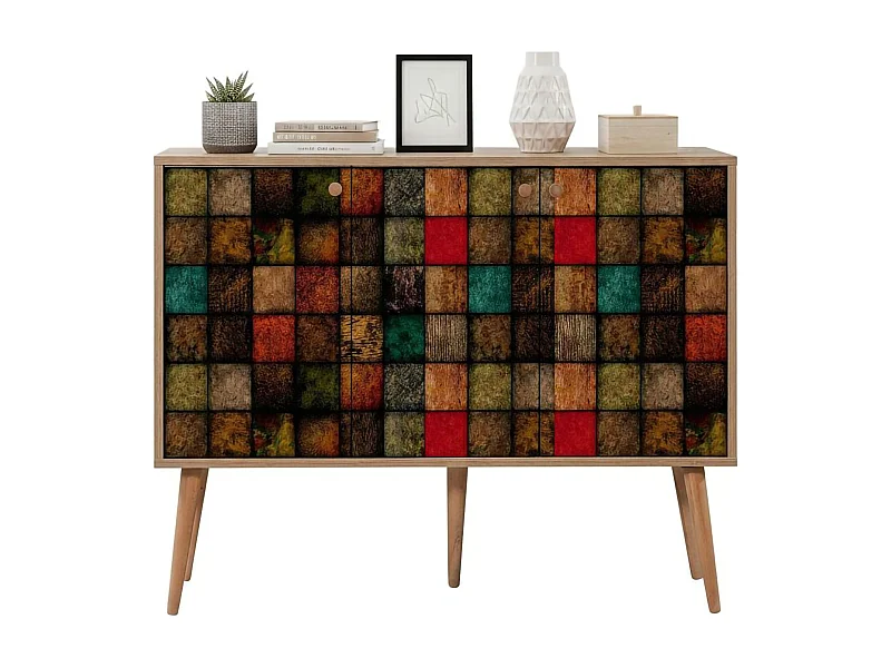 Kommode Dpavarin, Wohnzimmerbuffet, Wohnzimmer-Sideboard, Moderne Küchen-Speisekammer, 120x36h90 cm, Eiche und Multicolor