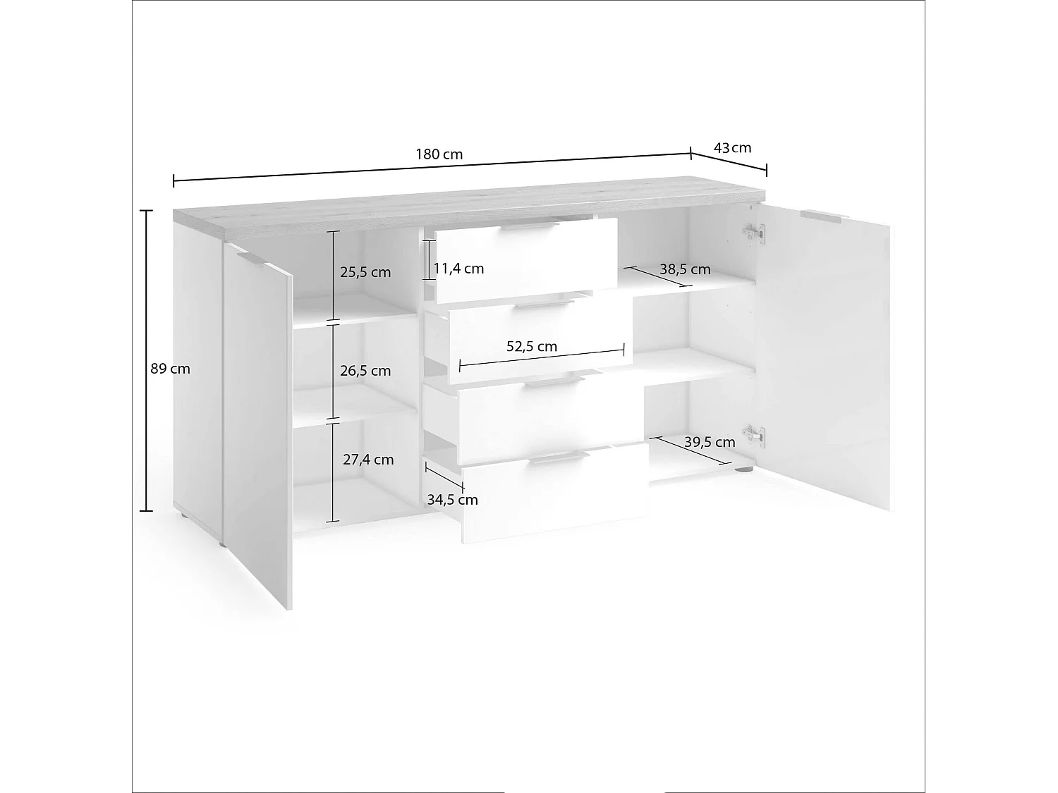 Dmora - Credenza Satriano, 180x43h89 cm, Bianco lucido e Rovere