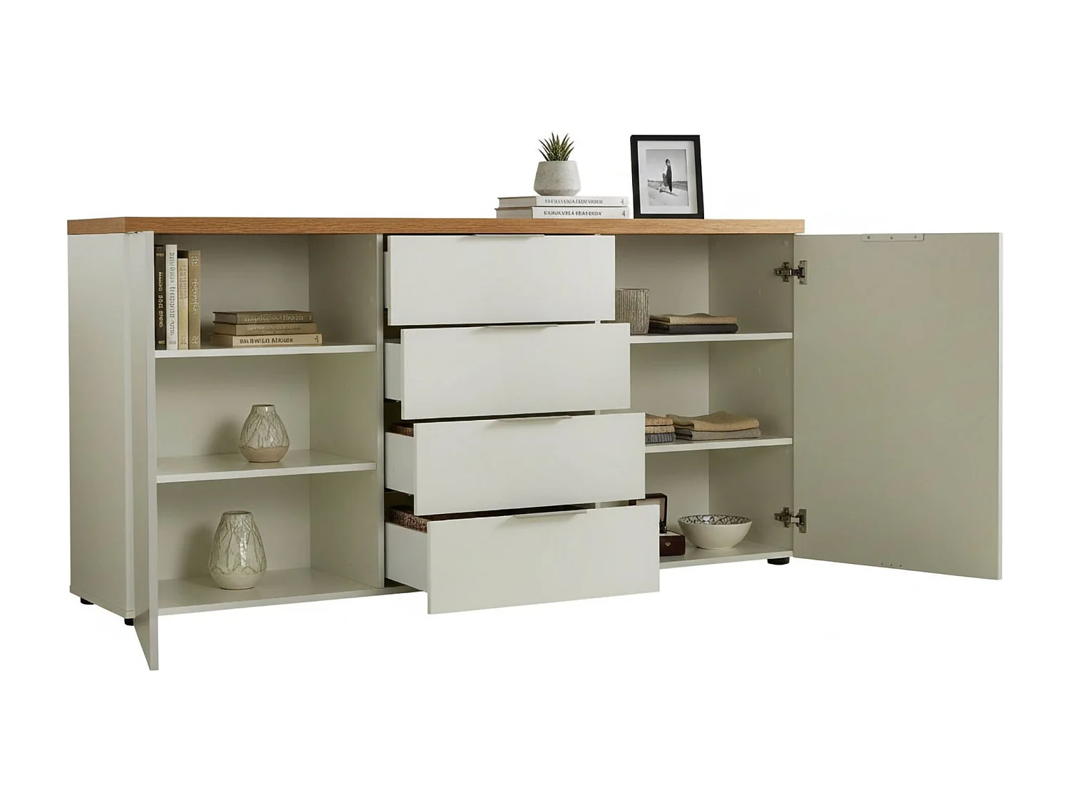 Ddichiar Dressoir, Woonkamer Buffet, Woonkamer, PantryKeuken, Made in Italy, 180x43h89 cm, Glanzend Wit en Eiken