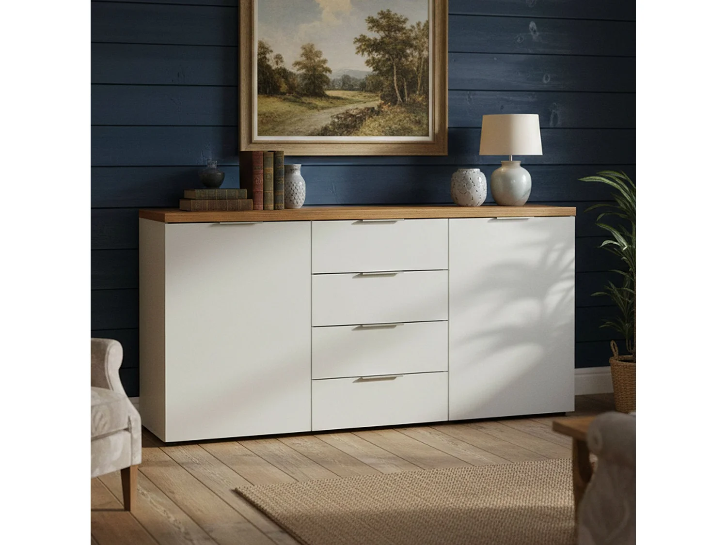 Ddichiar Dressoir, Woonkamer Buffet, Woonkamer, PantryKeuken, Made in Italy, 180x43h89 cm, Glanzend Wit en Eiken