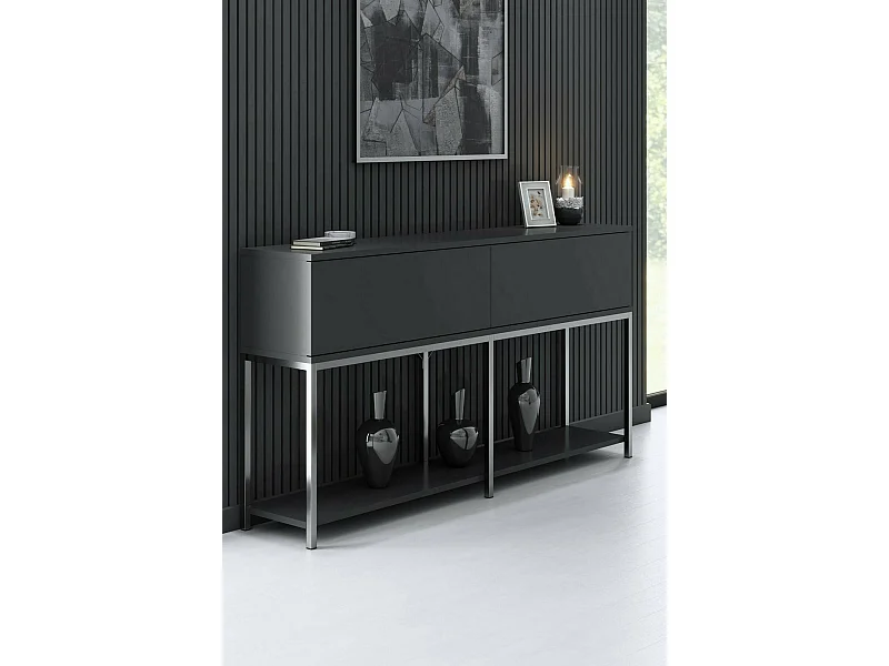 Buffet Altair, Buffet du salon, Commode de salon, Garde-manger de cuisine, 150x30h80 cm, Anthracite et Argent