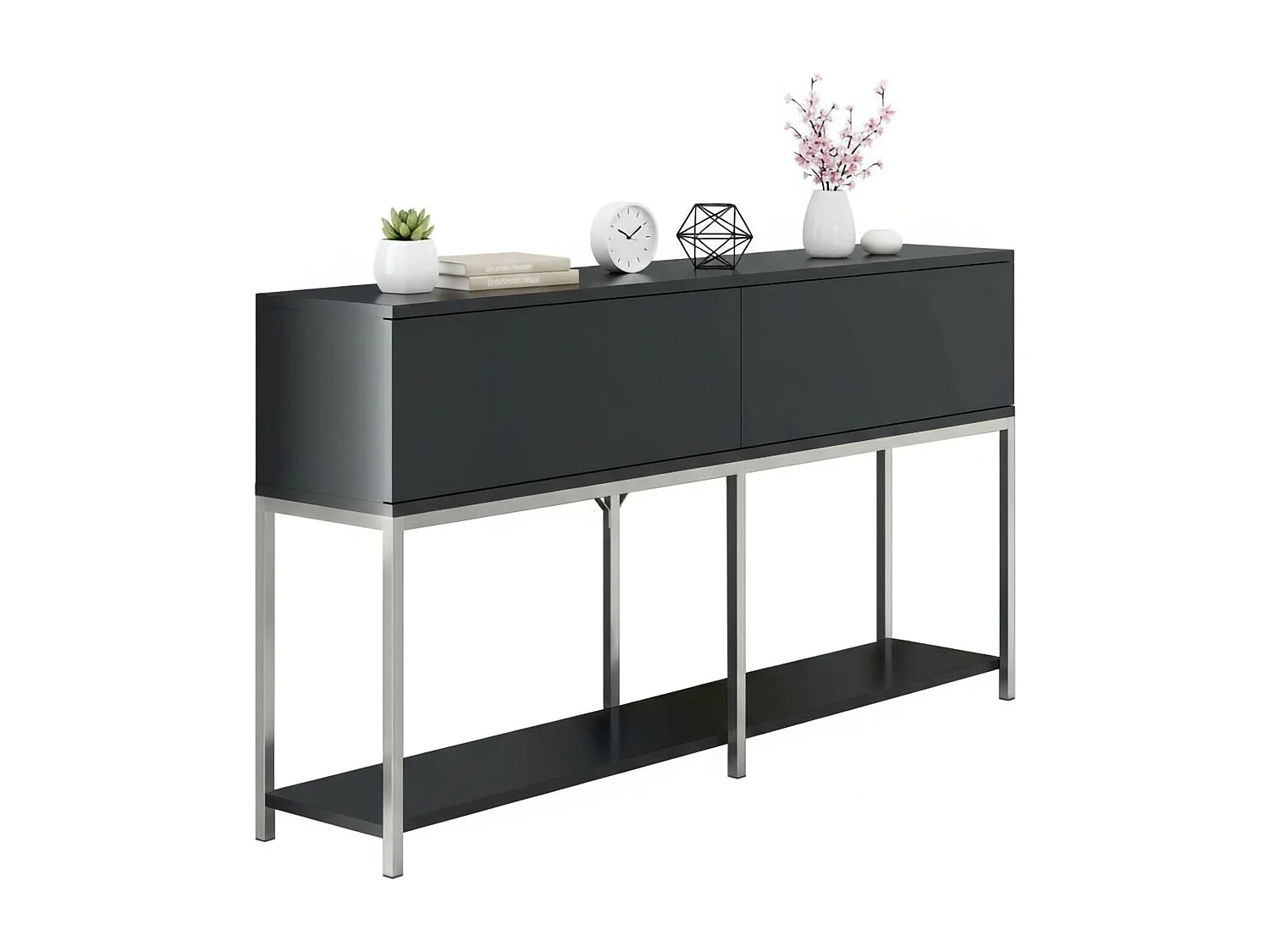 Djimsit Dressoir, Woonkamer Buffet, Woonkamer, Keuken Pantry, 150x30h80 cm, Antraciet en Zilver