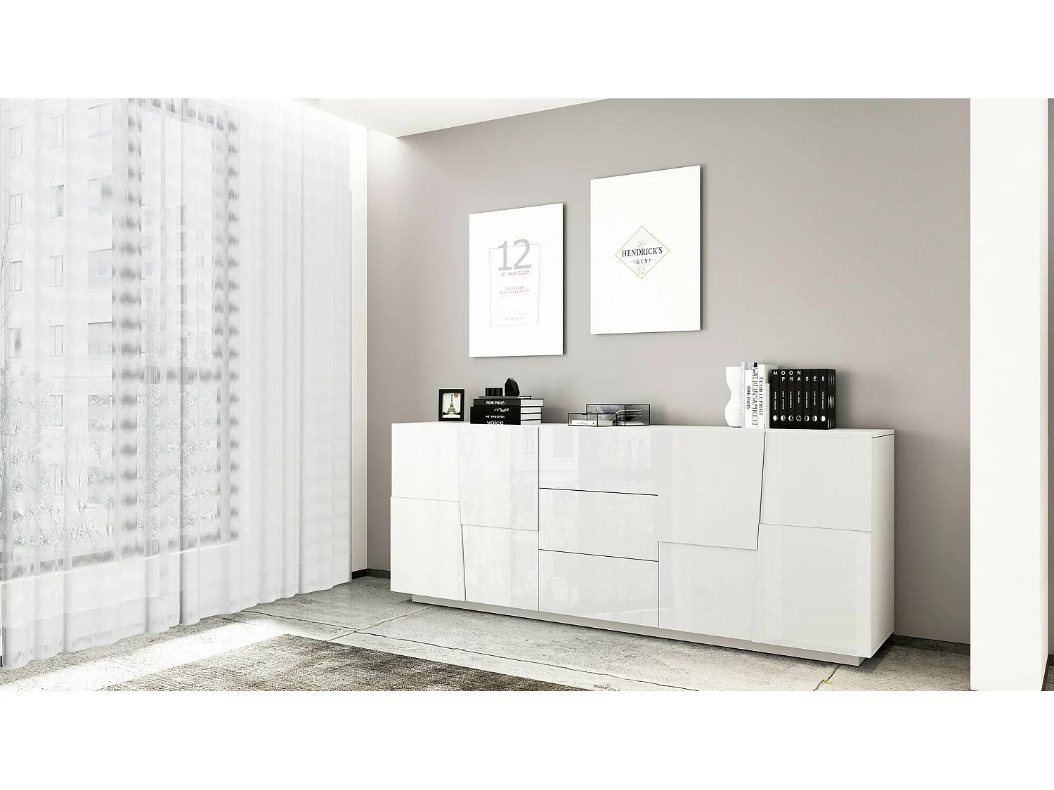 Aparador Ddamsgaar, Buffet de salón, Aparador de salón con 4 puertas y 3 cajones, 220x44h86 cm, Blanco brillo