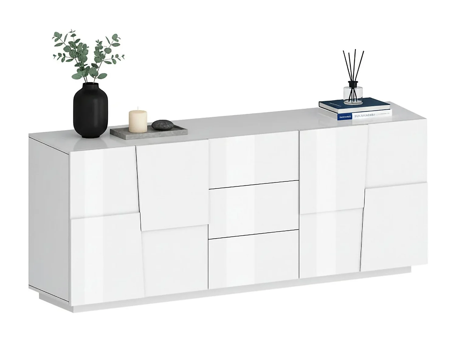 Buffet Yoel, Buffet de salon, Buffet de salon avec 4 portes et 3 tiroirs, 220x44h86 cm, Blanc brillant