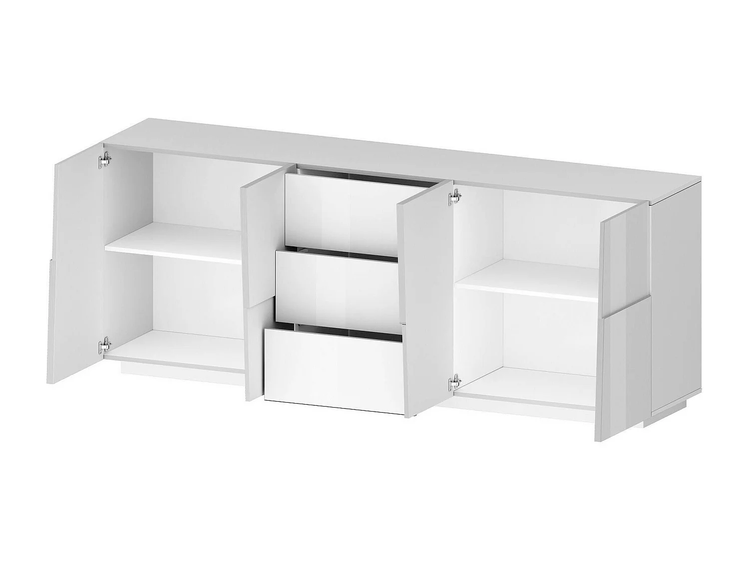Buffet Yoel, Buffet de salon, Buffet de salon avec 4 portes et 3 tiroirs, 220x44h86 cm, Blanc brillant