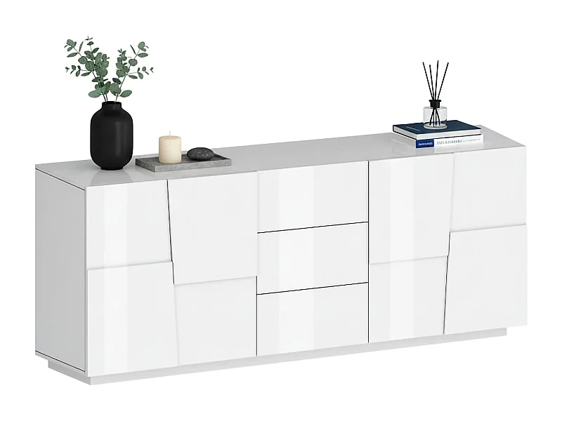 Buffet Yoel, Buffet de salon, Buffet de salon avec 4 portes et 3 tiroirs, 220x44h86 cm, Blanc brillant