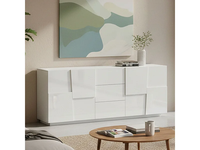 Buffet Yoel, Buffet de salon, Buffet de salon avec 4 portes et 3 tiroirs, 220x44h86 cm, Blanc brillant