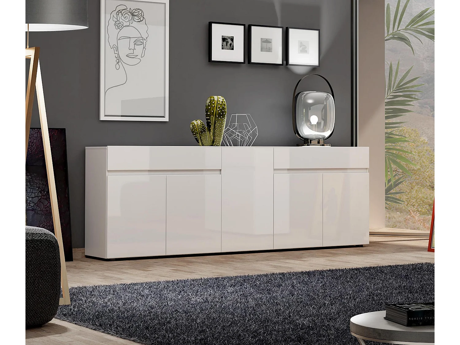 Dfilanger dressoir, Woonkamerbuffet, Woonkamer, Keukenkast, Made in Italy, 225x38h79 cm, Glanzend wit