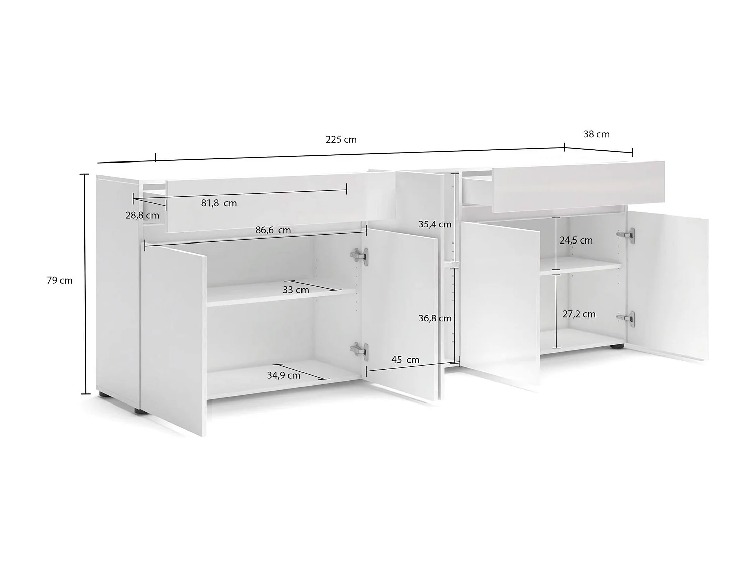 Buffet Bethal, Buffet du salon, Commode de salon, Garde-manger de cuisine, Made in Italy, 225x38h79 cm, Blanc brillant