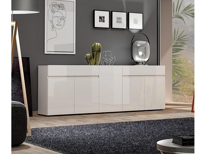 Dfilanger dressoir, Woonkamerbuffet, Woonkamer, Keukenkast, Made in Italy, 225x38h79 cm, Glanzend wit