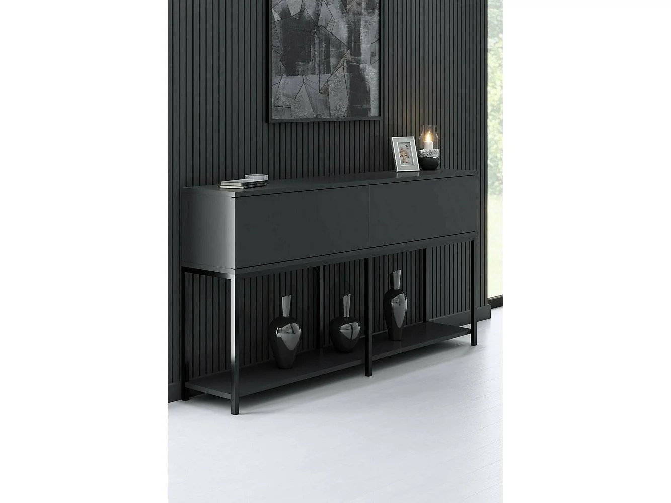 Buffet Altair, Buffet du salon, Commode de salon, Garde-manger de cuisine, 150x30h80 cm, Anthracite et Noir