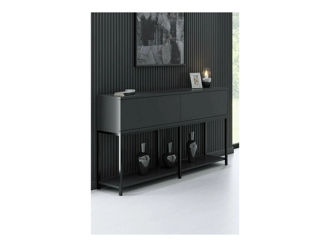 Buffet Altair, Buffet du salon, Commode de salon, Garde-manger de cuisine, 150x30h80 cm, Anthracite et Noir