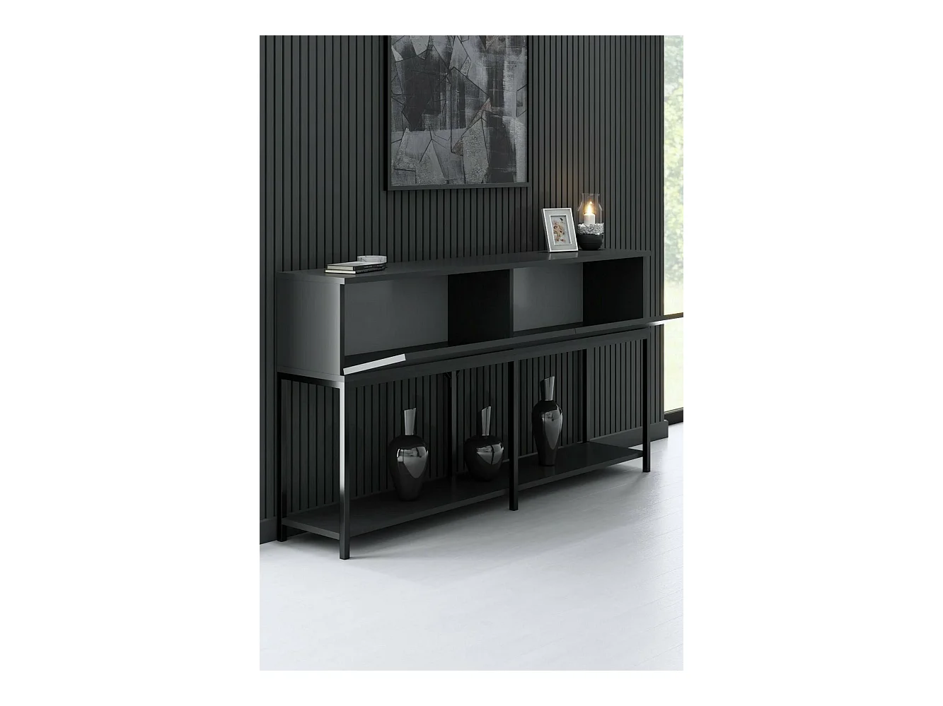 Buffet Altair, Buffet du salon, Commode de salon, Garde-manger de cuisine, 150x30h80 cm, Anthracite et Noir