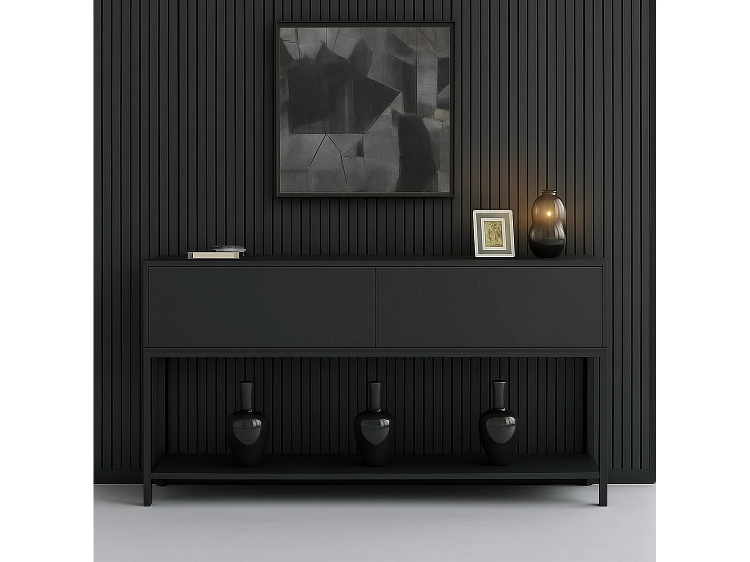 Buffet Altair, Buffet du salon, Commode de salon, Garde-manger de cuisine, 150x30h80 cm, Anthracite et Noir