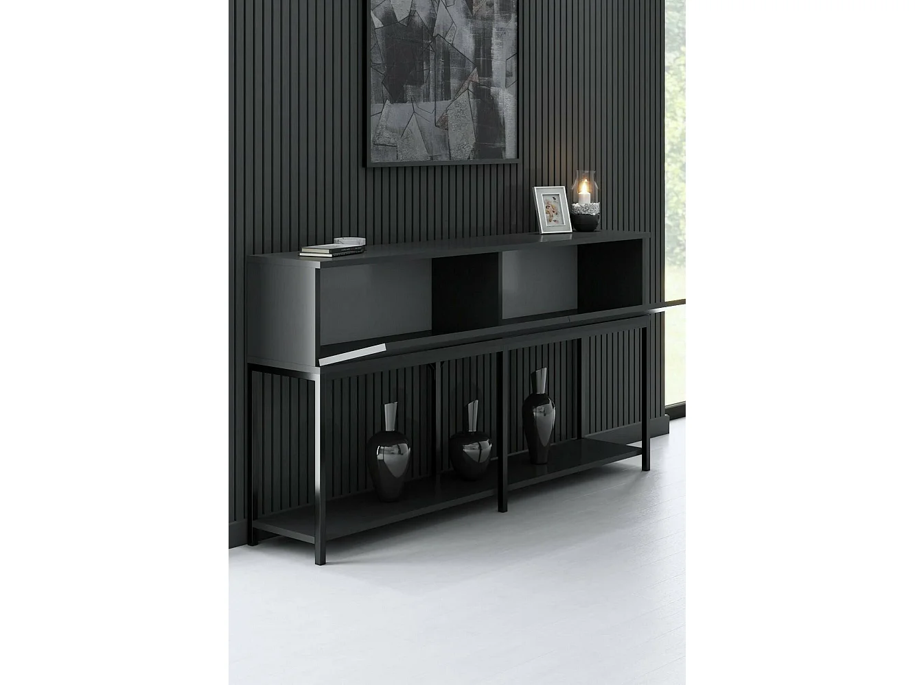 Buffet Altair, Buffet du salon, Commode de salon, Garde-manger de cuisine, 150x30h80 cm, Anthracite et Noir
