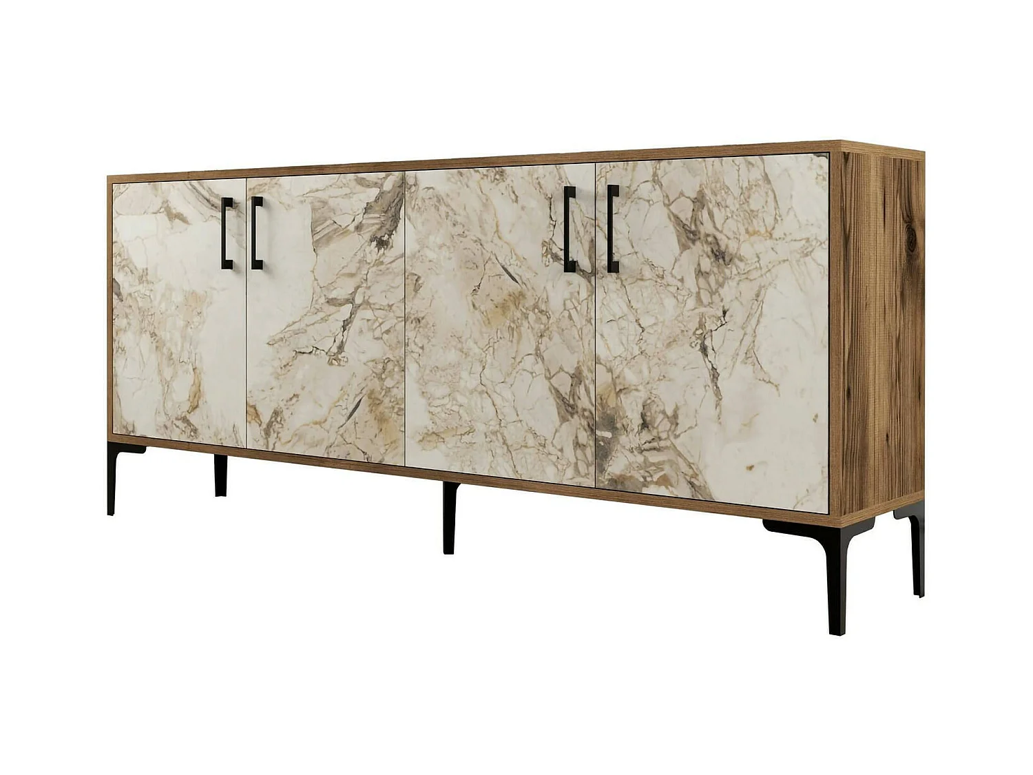 Buffet Orionis, Buffet du salon, Commode de salon, Garde-manger de cuisine, 180x35h78 cm, Noyer et Marbre Blanc