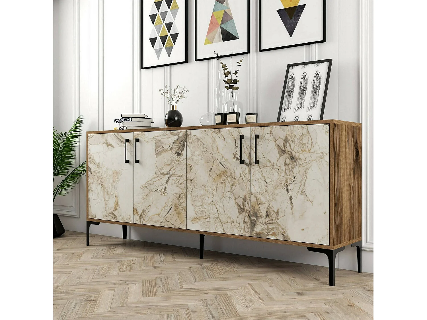 Buffet Orionis, Buffet du salon, Commode de salon, Garde-manger de cuisine, 180x35h78 cm, Noyer et Marbre Blanc
