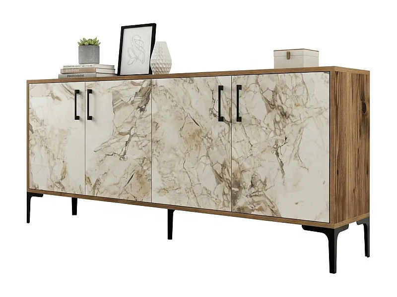 Dpedrol Dressoir, Woonkamer Buffet, Woonkamer, Keuken Pantry, 180x35h78 cm, Walnoot en Wit Marmer