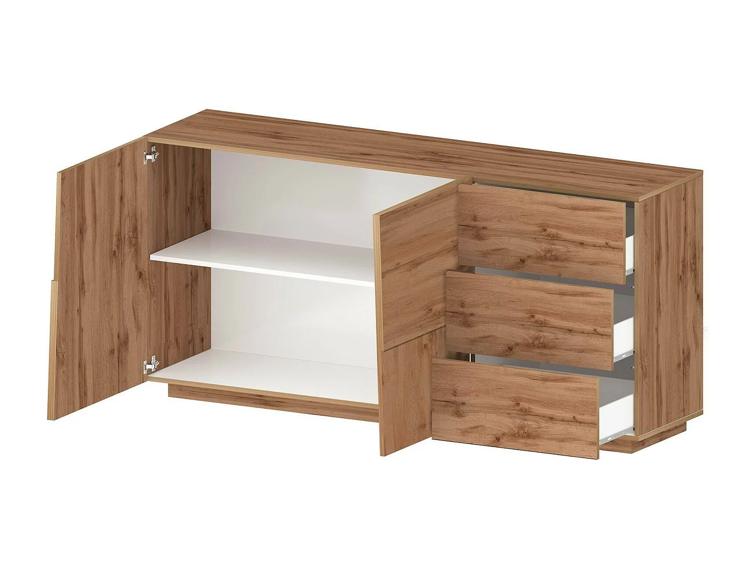 Buffet Xavier, Buffet de salon, Buffet de salon avec 2 portes et 3 tiroirs, 180x44h86 cm, Chêne