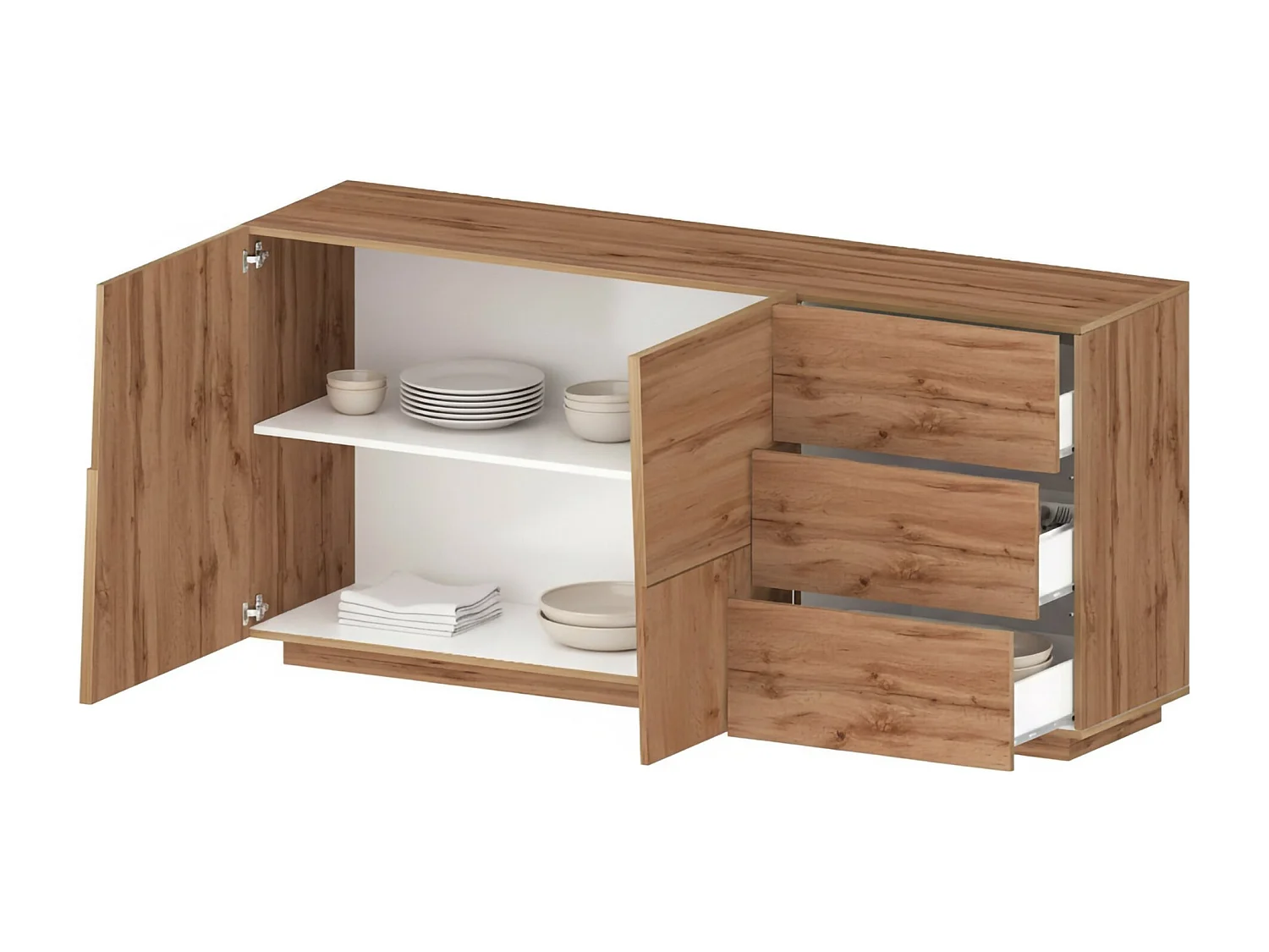 Buffet Xavier, Buffet de salon, Buffet de salon avec 2 portes et 3 tiroirs, 180x44h86 cm, Chêne