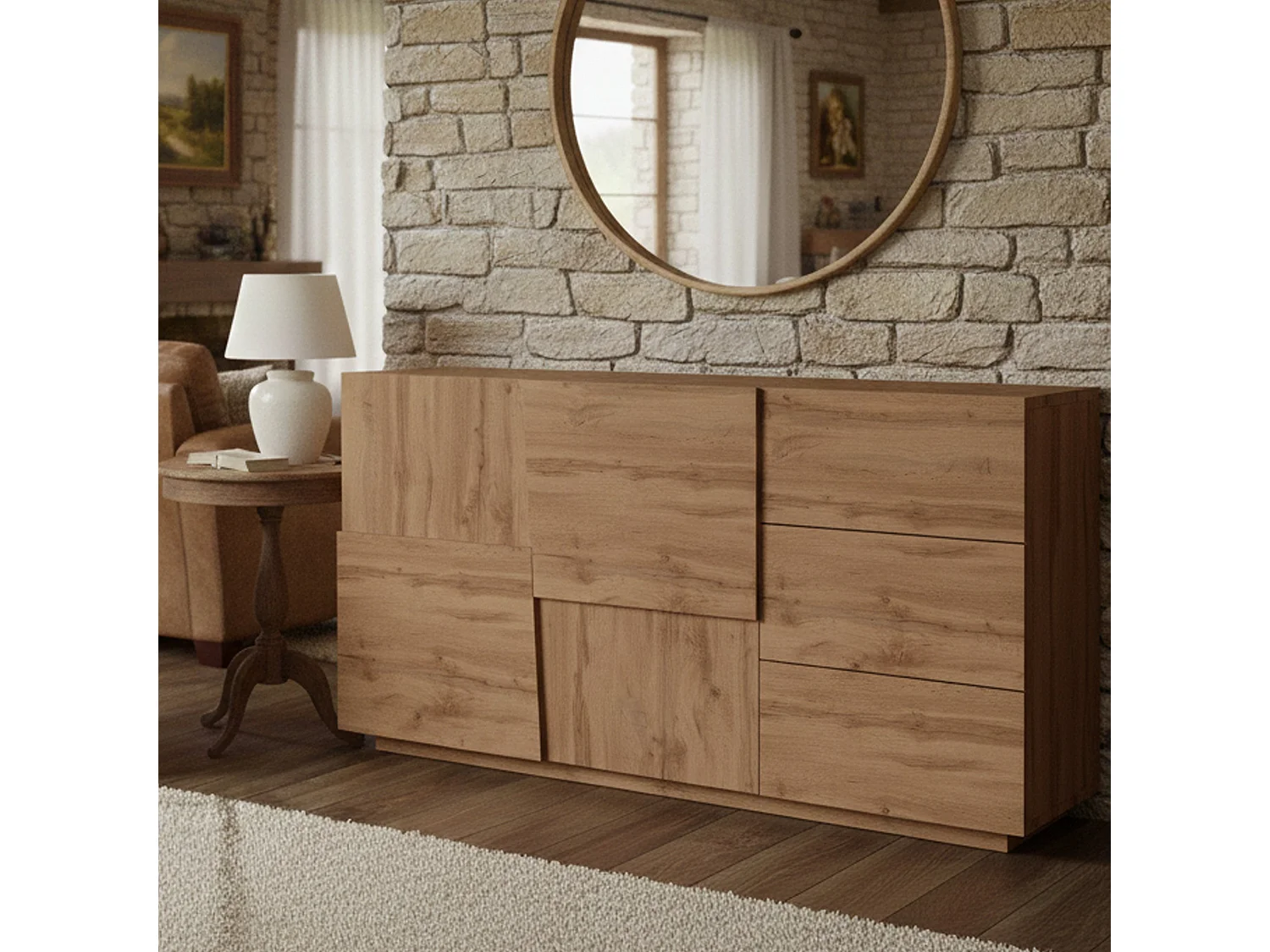 Buffet Xavier, Buffet de salon, Buffet de salon avec 2 portes et 3 tiroirs, 180x44h86 cm, Chêne