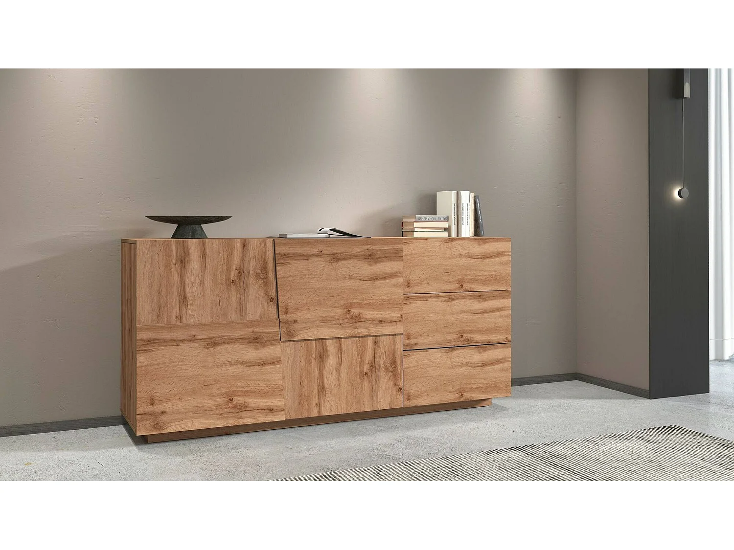 Buffet Xavier, Buffet de salon, Buffet de salon avec 2 portes et 3 tiroirs, 180x44h86 cm, Chêne