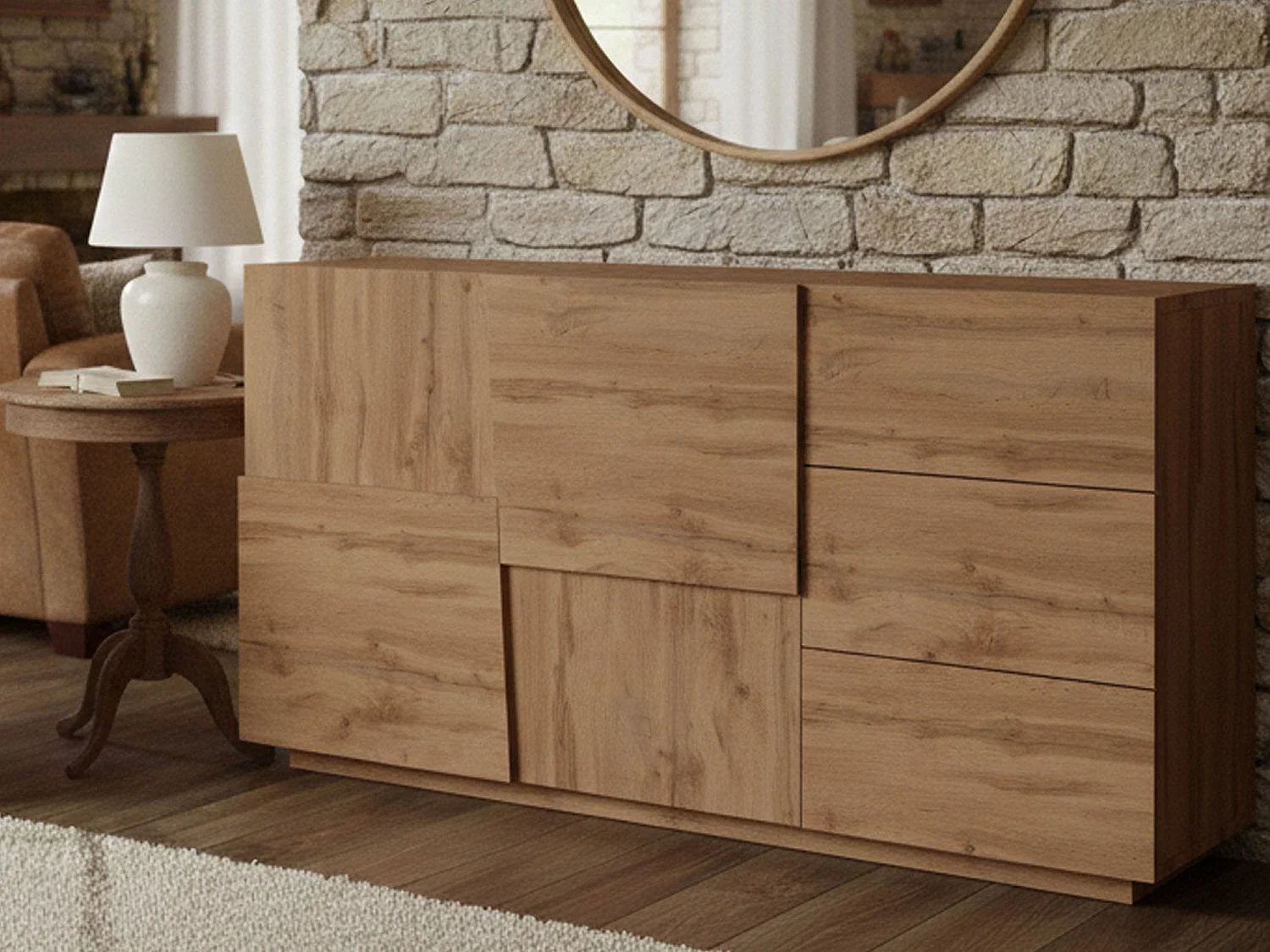 Buffet Xavier, Buffet de salon, Buffet de salon avec 2 portes et 3 tiroirs, 180x44h86 cm, Chêne
