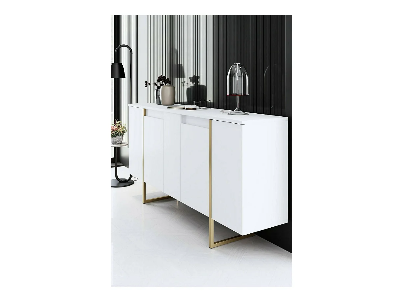 Buffet Betel, Buffet du salon, Commode de salon, Garde-manger de cuisine, 160x35h80 cm, Blanc et Or