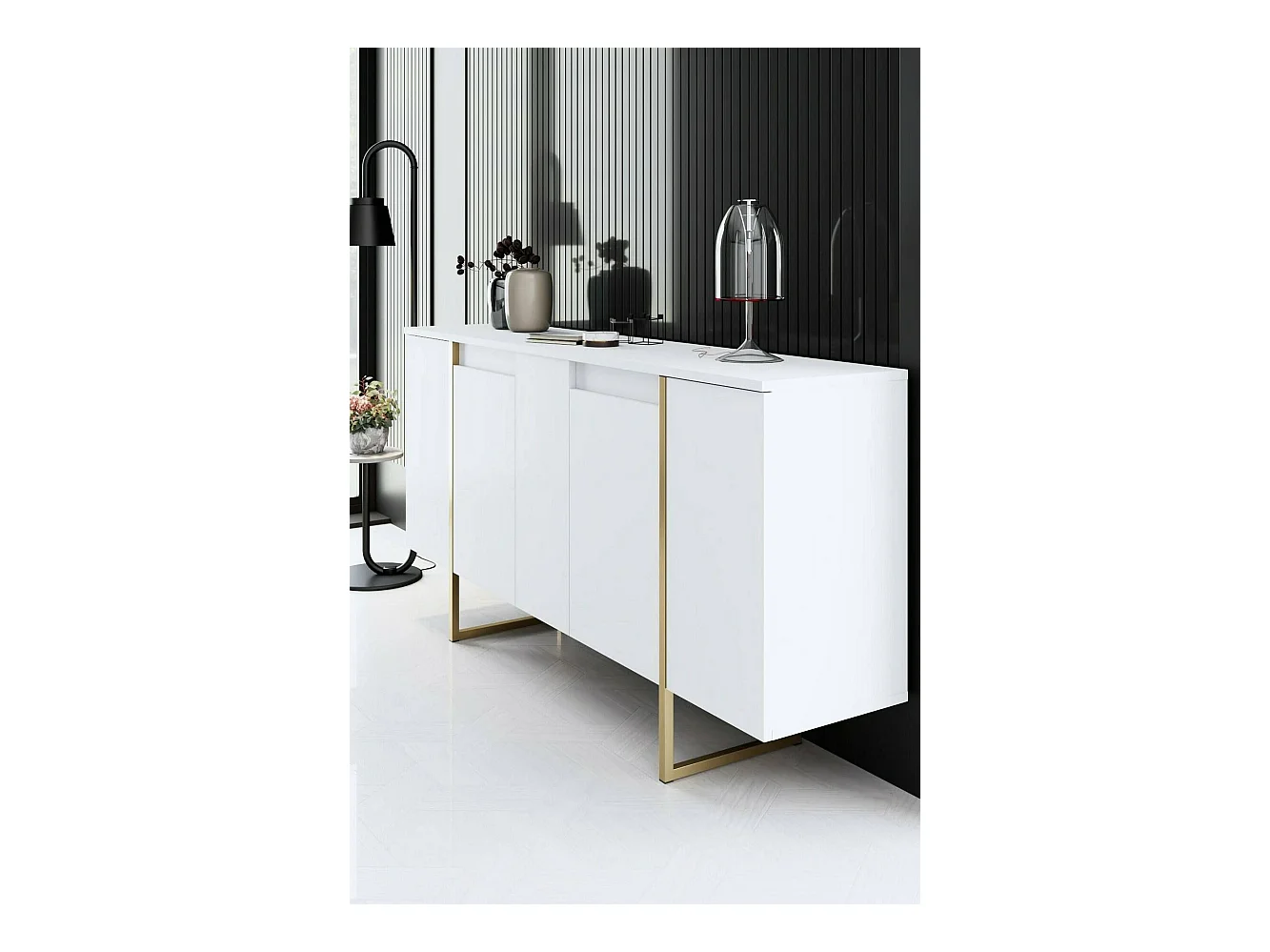 Buffet Betel, Buffet du salon, Commode de salon, Garde-manger de cuisine, 160x35h80 cm, Blanc et Or