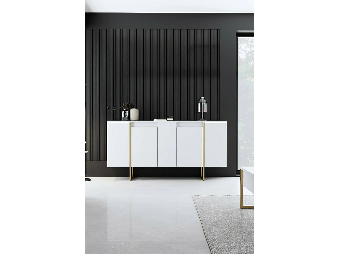 Aparador Dgarzitt, Buffet de sala, Aparador de sala, Despensa de cozinha, 160x35h80 cm, Branco e Dourado