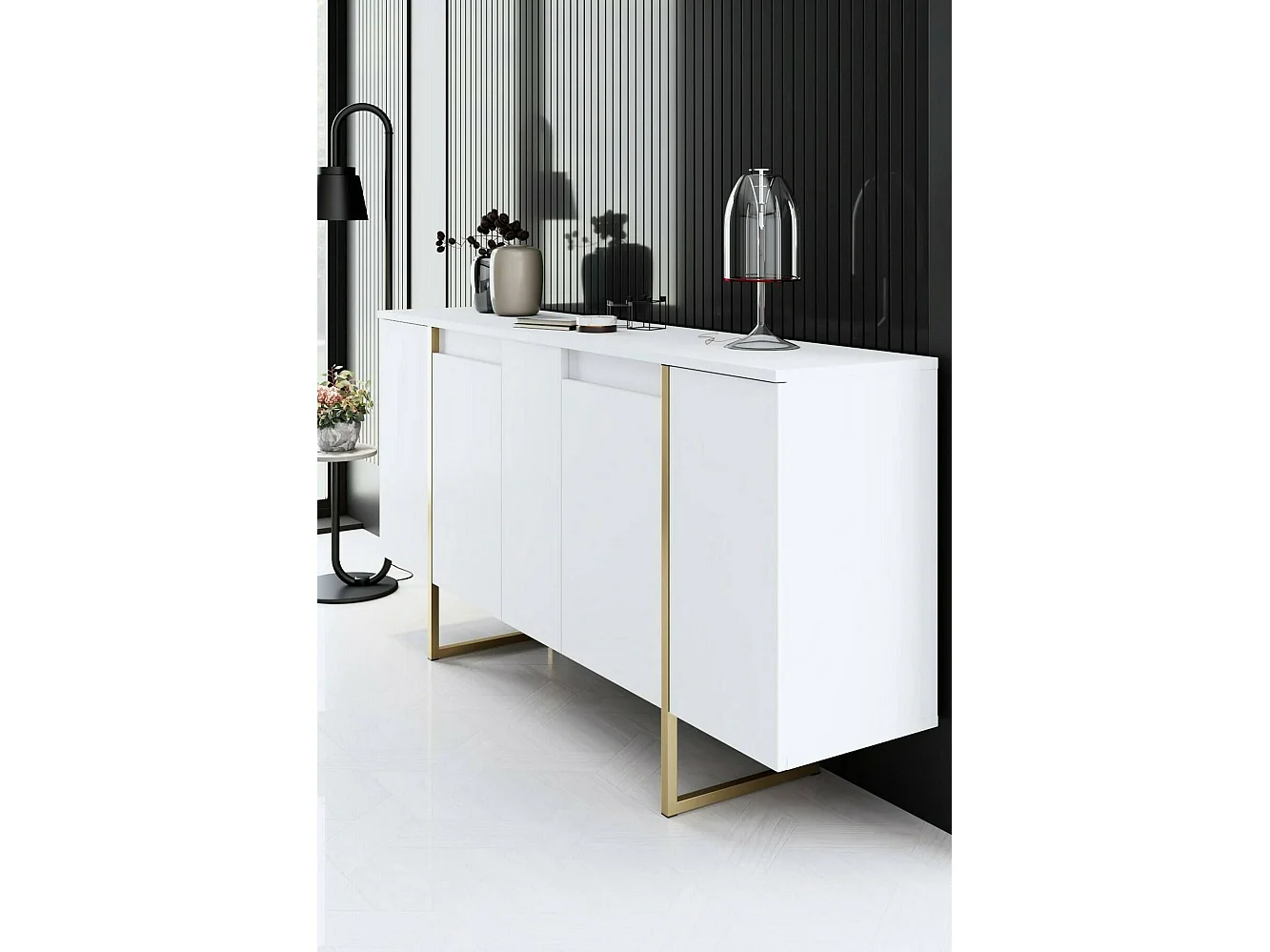 Aparador Dgarzitt, Buffet de sala, Aparador de sala, Despensa de cozinha, 160x35h80 cm, Branco e Dourado