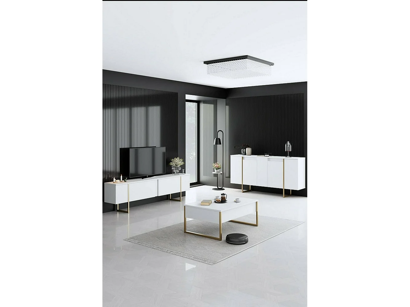 Aparador Dgarzitt, Bufé de salón, Aparador de salón, Despensa de cocina, 160x35h80 cm, Blanco y oro\