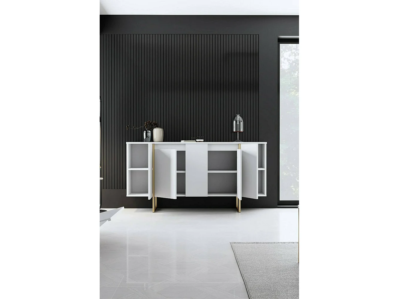 Aparador Dgarzitt, Bufé de salón, Aparador de salón, Despensa de cocina, 160x35h80 cm, Blanco y oro\