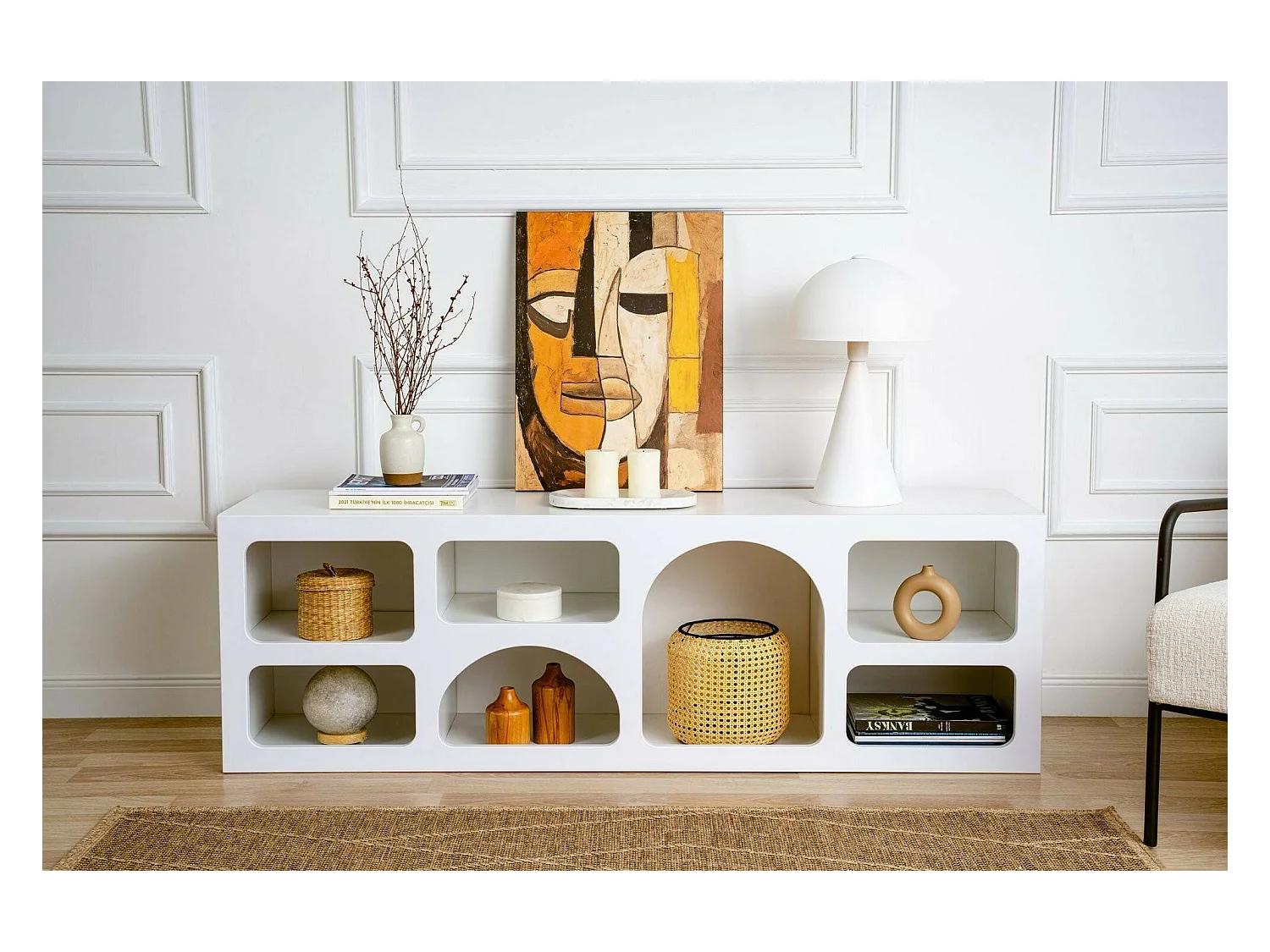 Kommode Dgargiul, Wohnzimmerbuffet, Wohnzimmer-Sideboard, Moderne Küchen-Speisekammer, 160x38h51 cm, Weiß