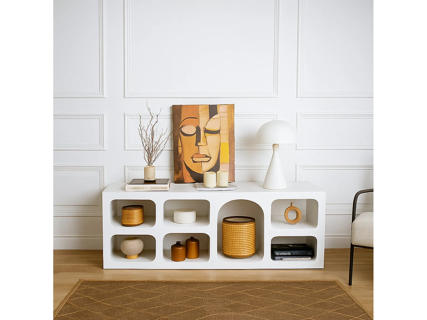 Buffet Bellatrix, Buffet du salon, Commode de salon, Garde-manger de cuisine, 160x38h51 cm, Blanc