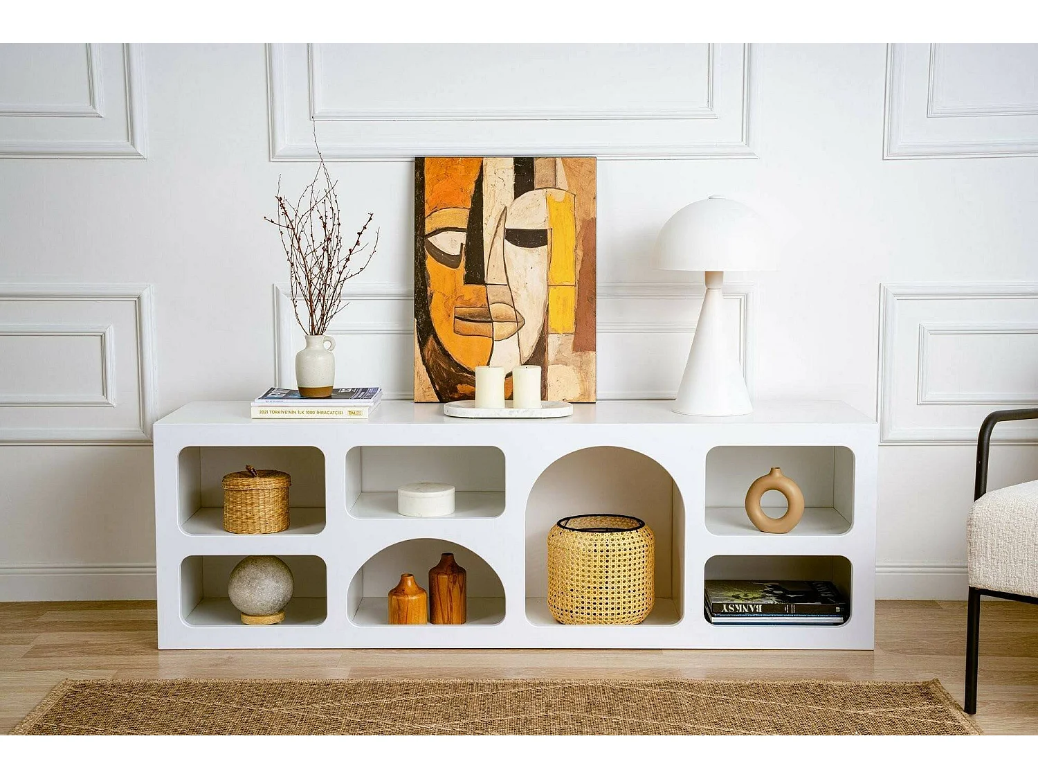 Buffet Bellatrix, Buffet du salon, Commode de salon, Garde-manger de cuisine, 160x38h51 cm, Blanc