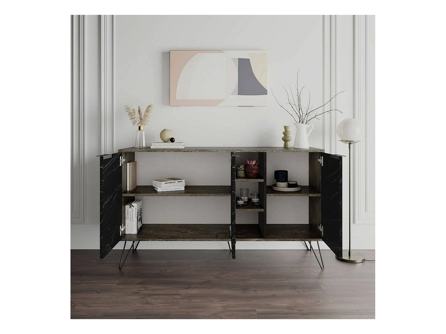 Buffet Perseus, Buffet du salon, Commode de salon, Garde-manger de cuisine, 142x36h83 cm, Marbre Noir