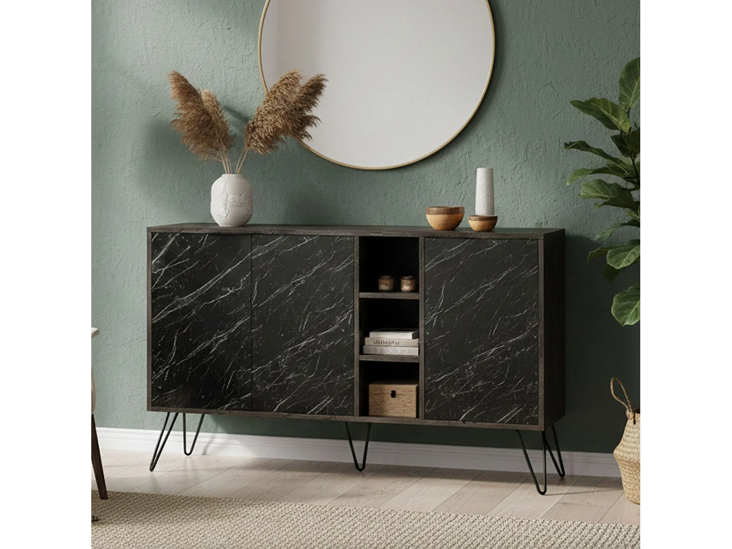 CredenzEen Dpenz, Woonkamerbuffet, Woonkamer, Keukenkast, 142x36h83 cm, Oxide en Zwart Marmer