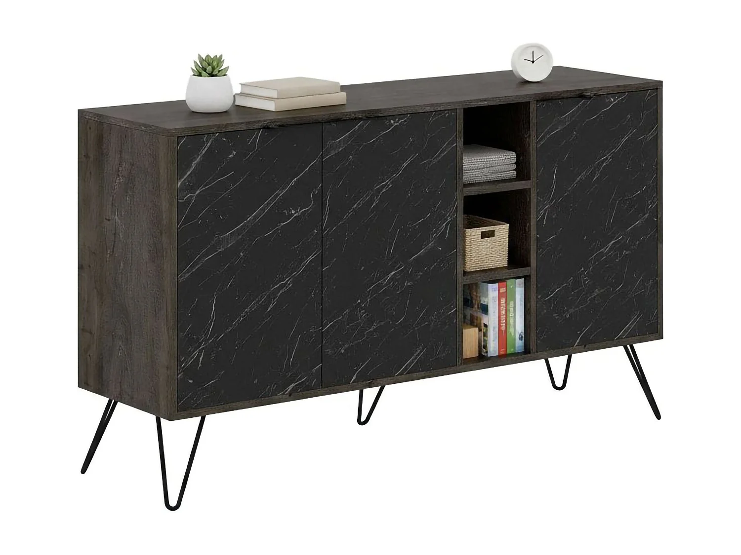 Buffet Perseus, Buffet du salon, Commode de salon, Garde-manger de cuisine, 142x36h83 cm, Marbre Noir